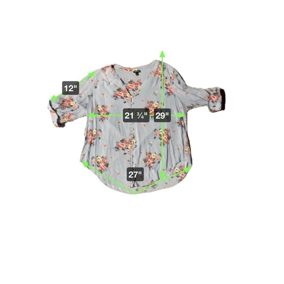 Torrid Women's Size 1 Blouse Gray Pink Yellow Floral Tab Sleeve Button Front - Picture 5 of 11